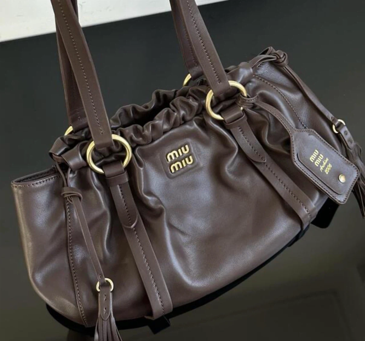 Miu Miu Brown Leather Drawstring Shoulder Bag