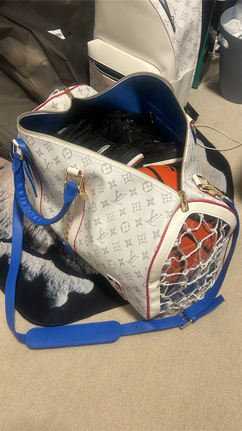 White LV x NBA keepall duffle bag
