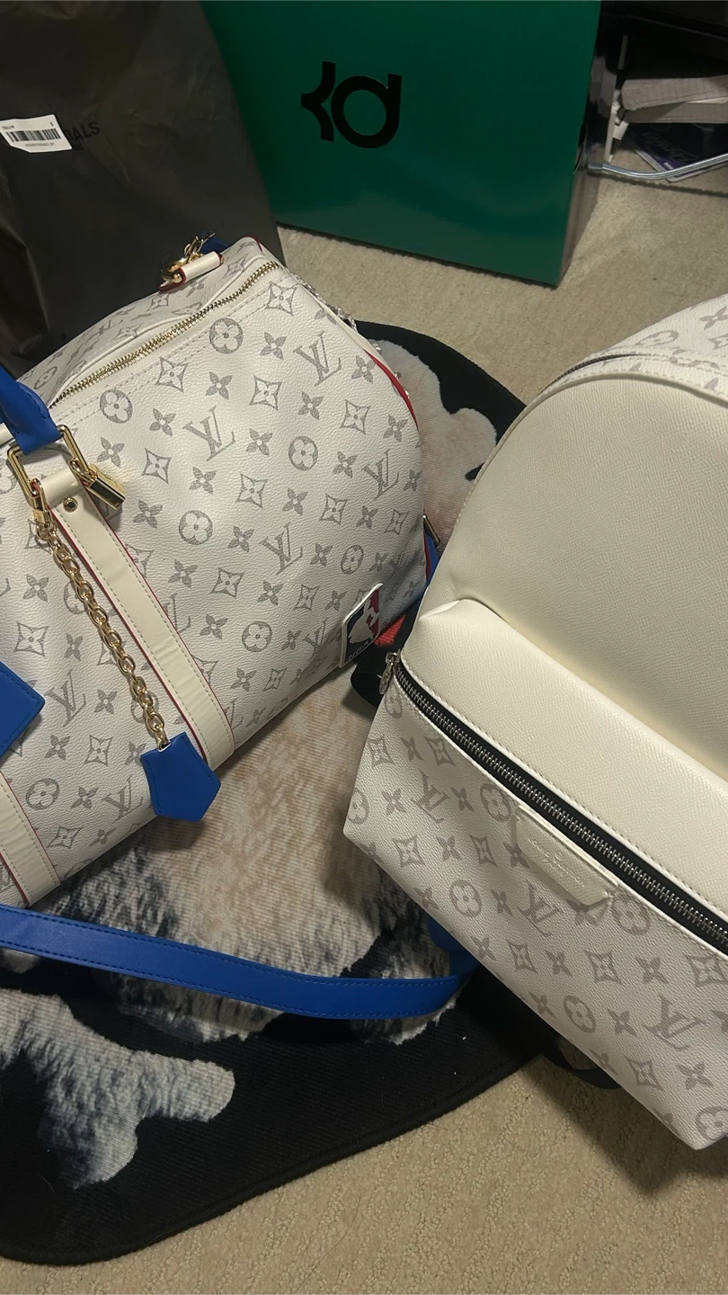 White LV x NBA duffle bag + white LV backpack