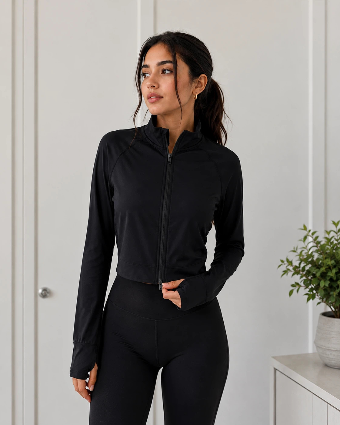 Black Full-Zip Cropped Athletic Jacket