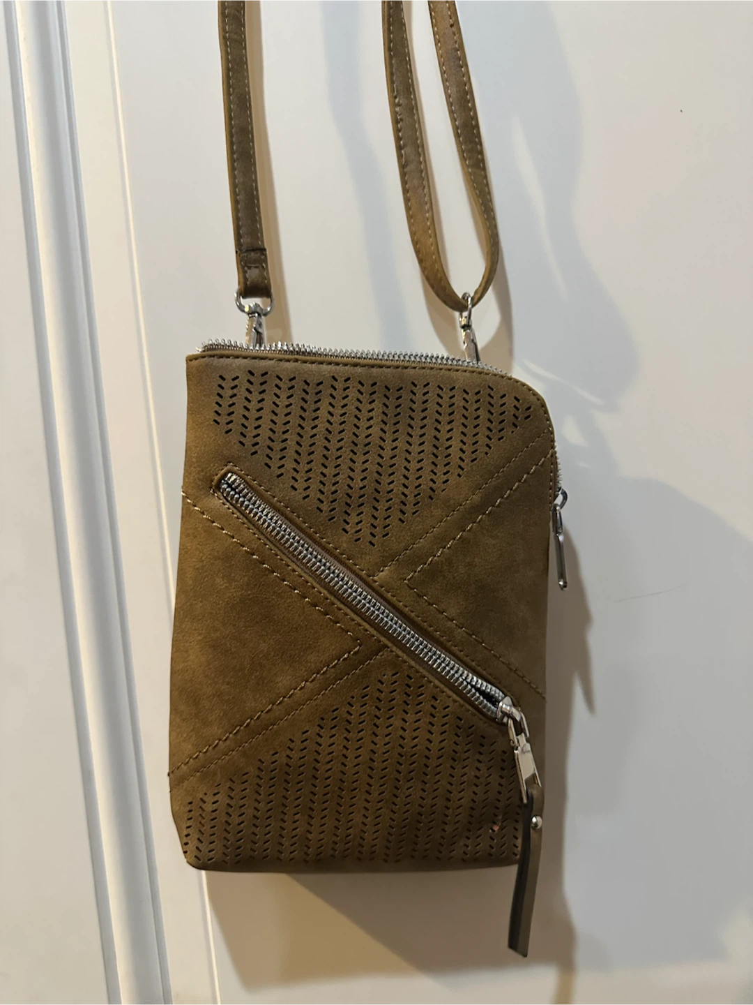 Brown Faux Suede Perforated Crossbody Bag