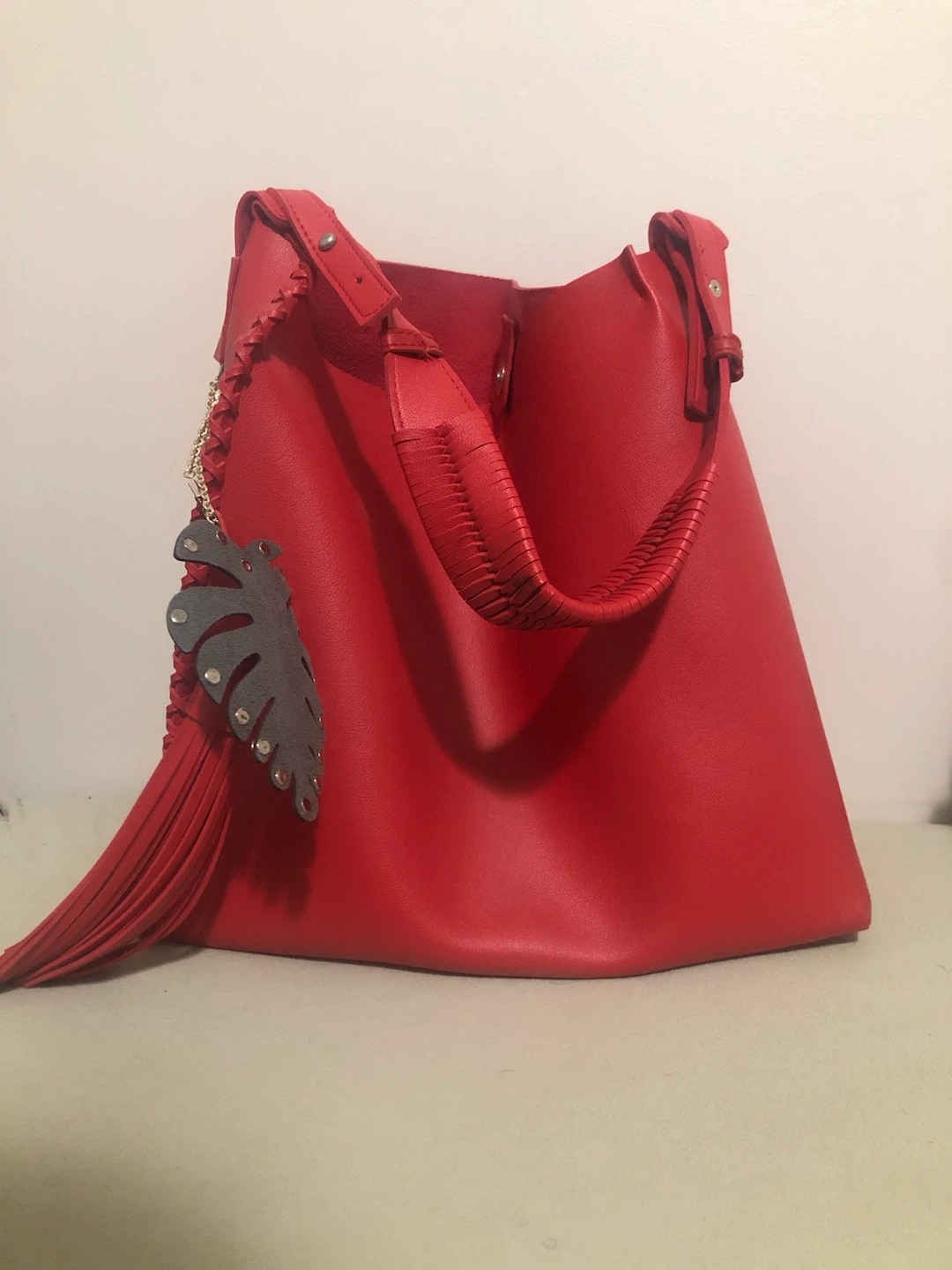 JOANEL Red Tote Bag with Leaf Charm