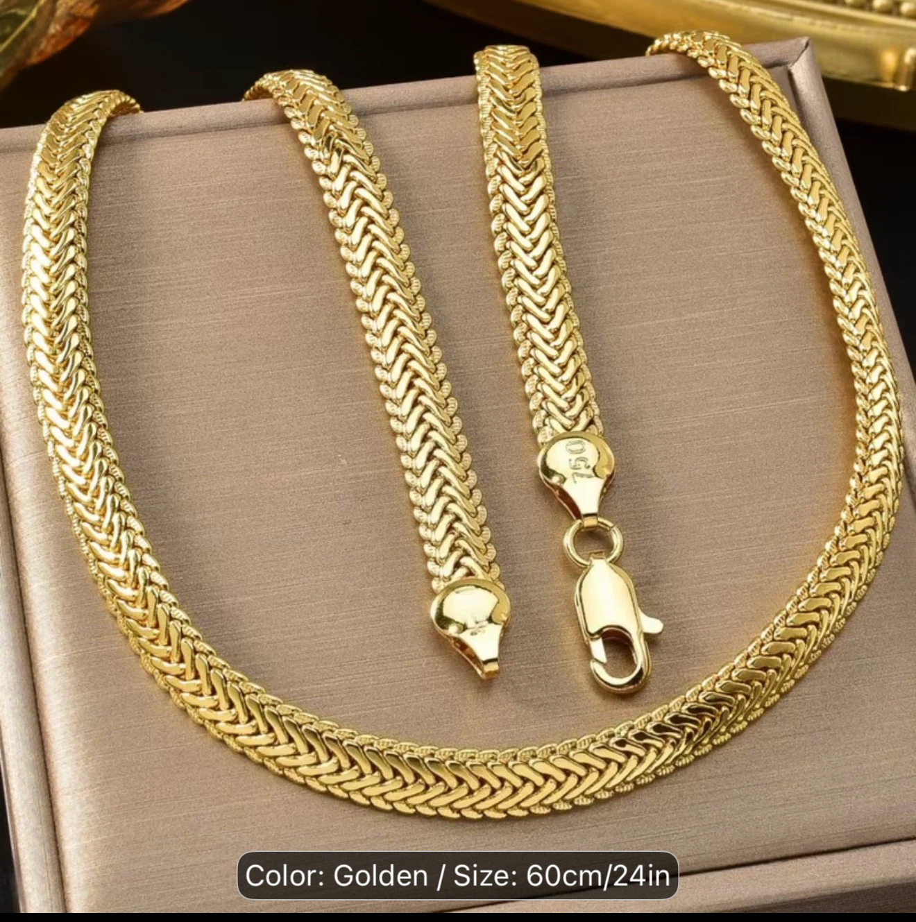 750 Stamped plated Golden Herringbone Chain Necklace - 24 inch