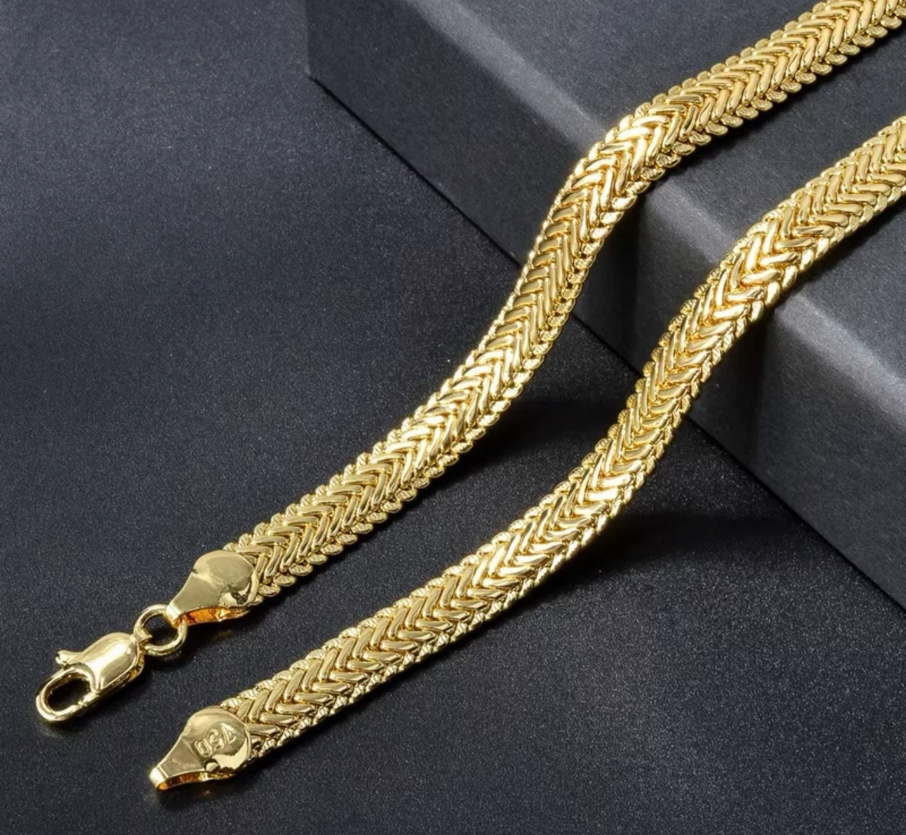 750 Stamped plated Golden Herringbone Chain Necklace - 24 inch - photo 2