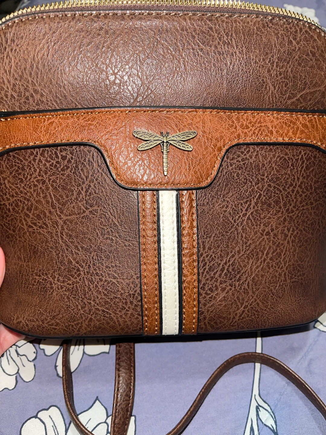 Brown Faux Leather Crossbody Bag with Dragonfly Accent