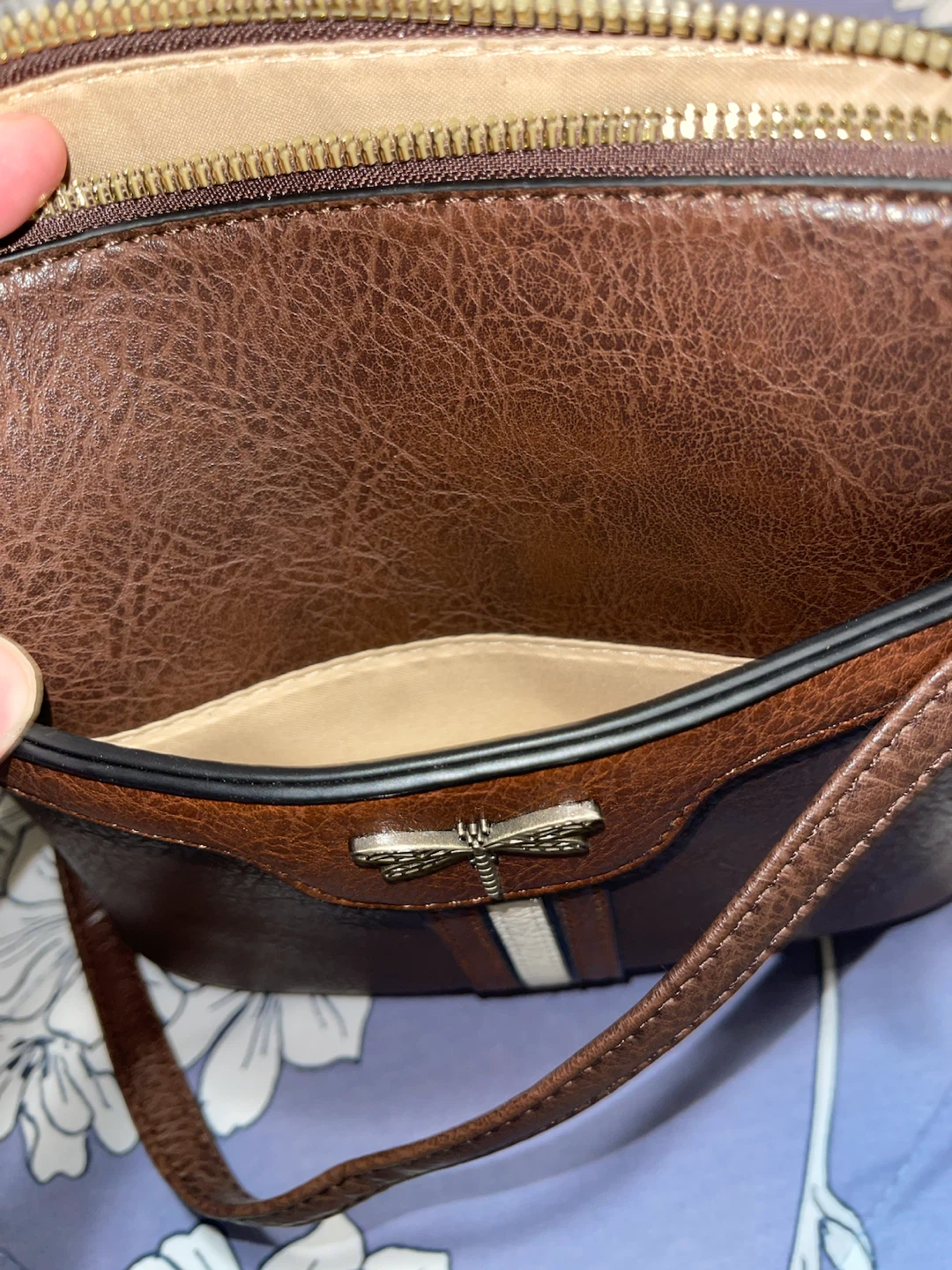 Brown Faux Leather Crossbody Bag with Dragonfly Accent - photo 3