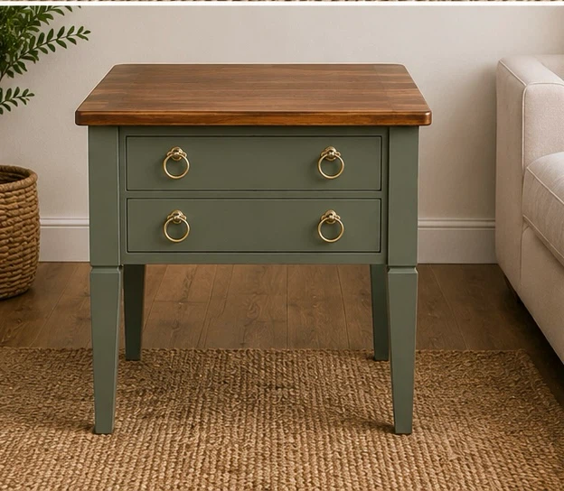 Pair of Refinished Wood Side Tables / Nightstands | Olive Green