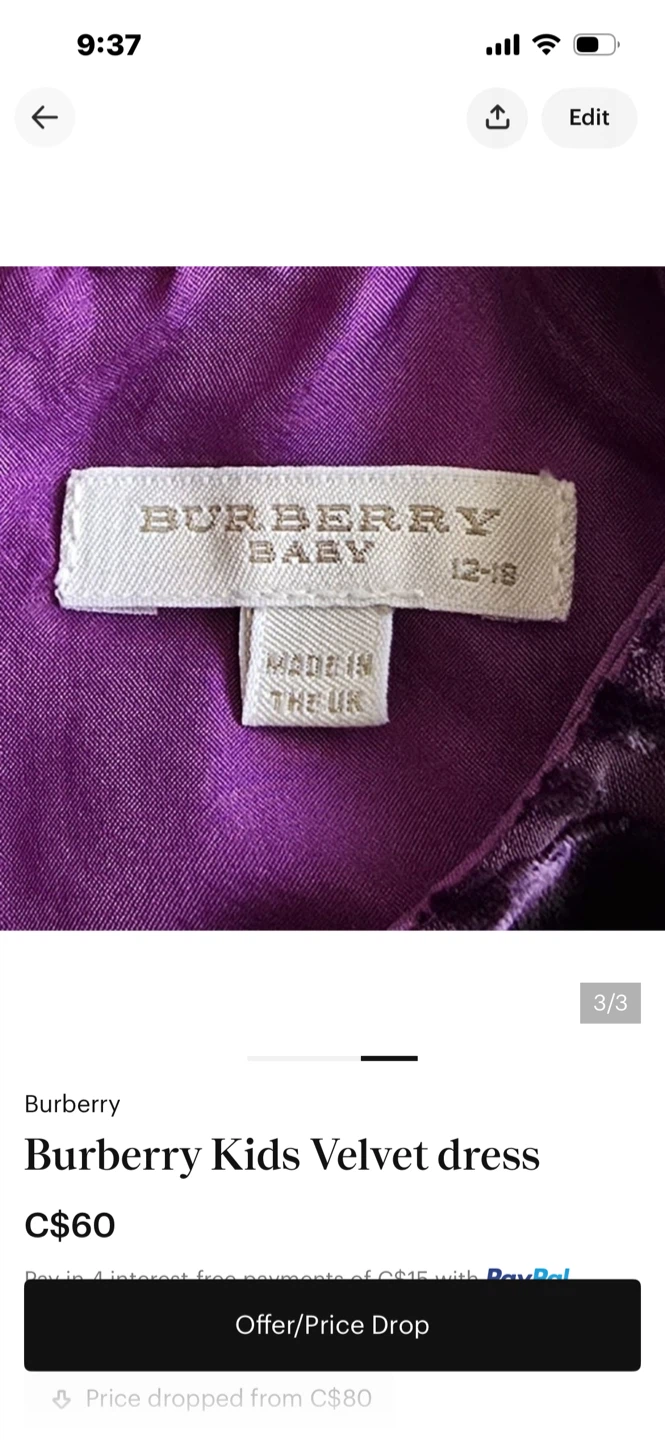 Burberry Kids Velvet Dress Purple Floral Size 12-18 Months - photo 2