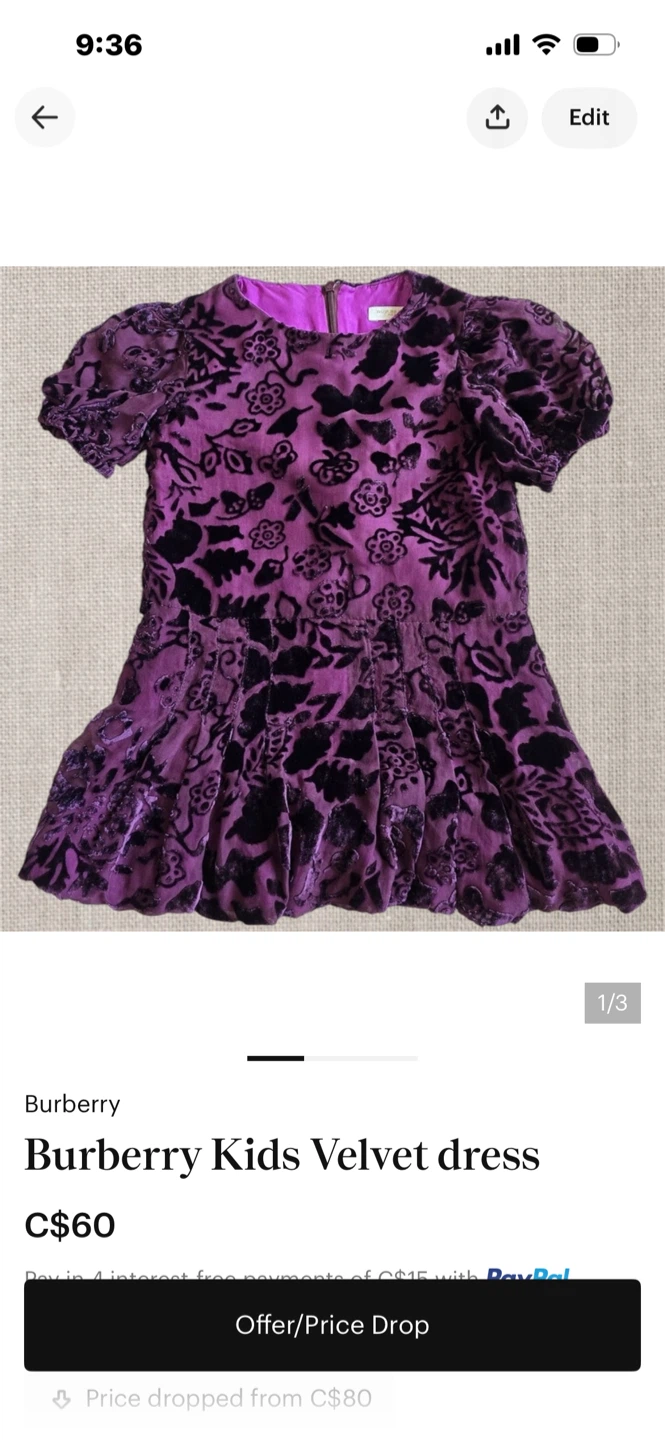Burberry Kids Velvet Dress Purple Floral Size 12-18 Months - photo 3