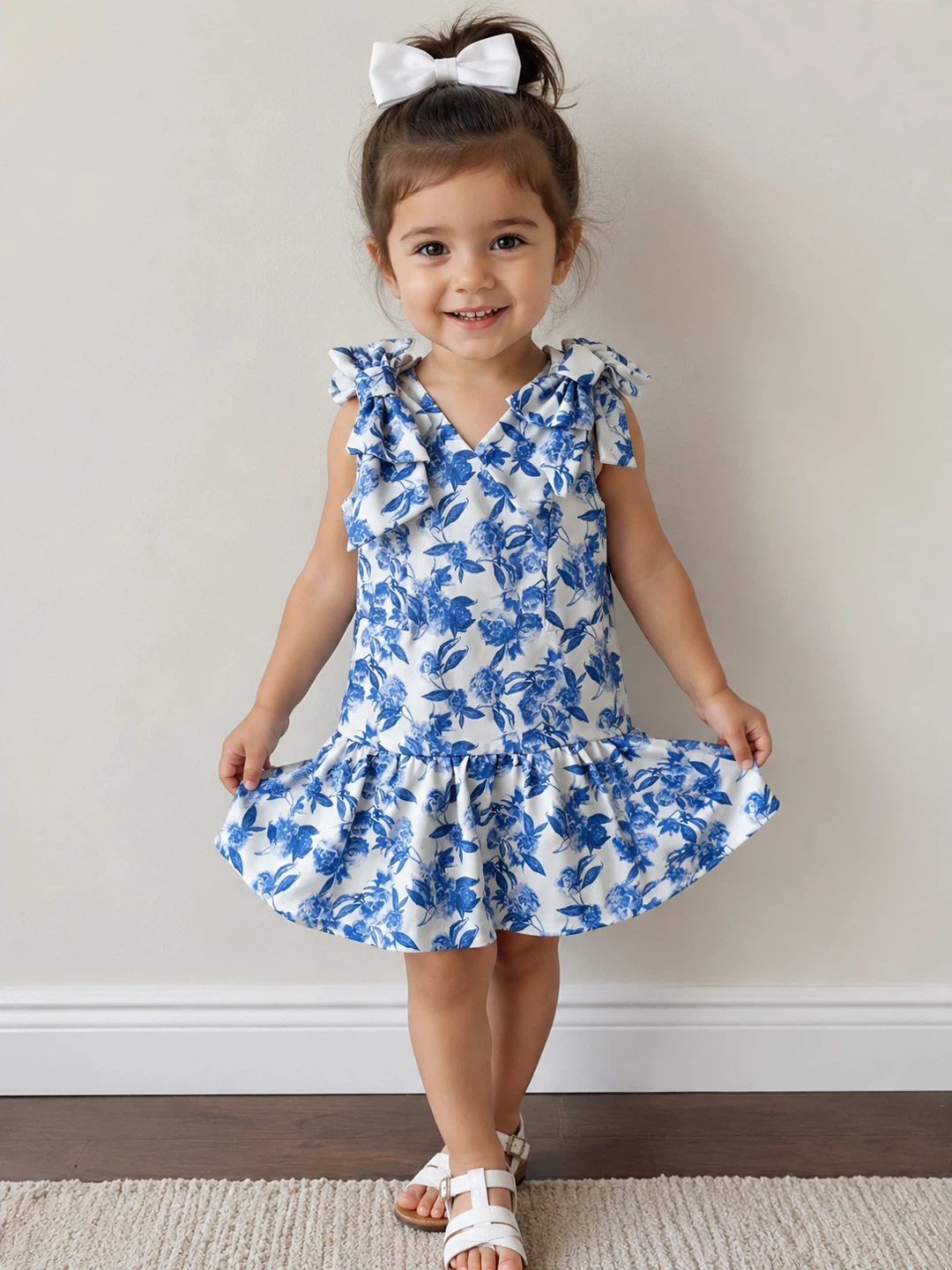 Girls Blue Floral Dress with Bows