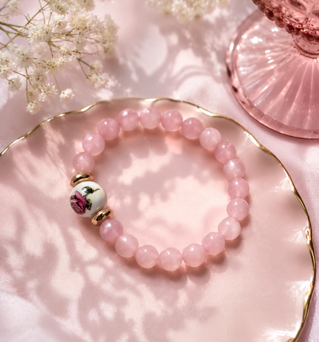 Rose Quartz Beaded Bracelet with Floral Charm