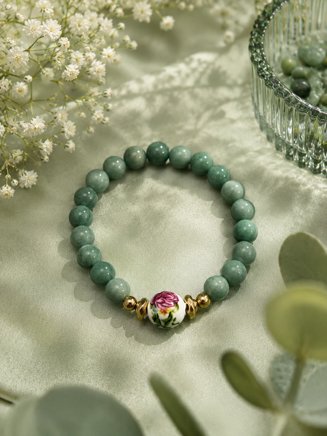 Jade Bead Bracelet with Floral Charm