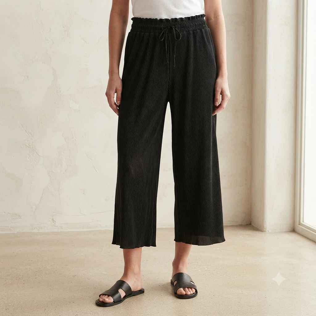Lily Morgan Black Plisse Pleated Wide Leg Cropped Pants Size 1X