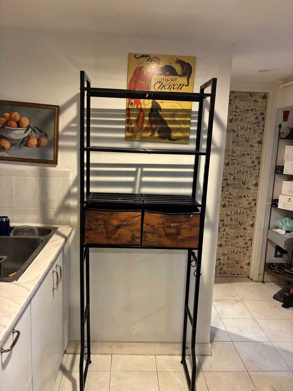 Tall metal shelving unit with wood-look bins - photo 2