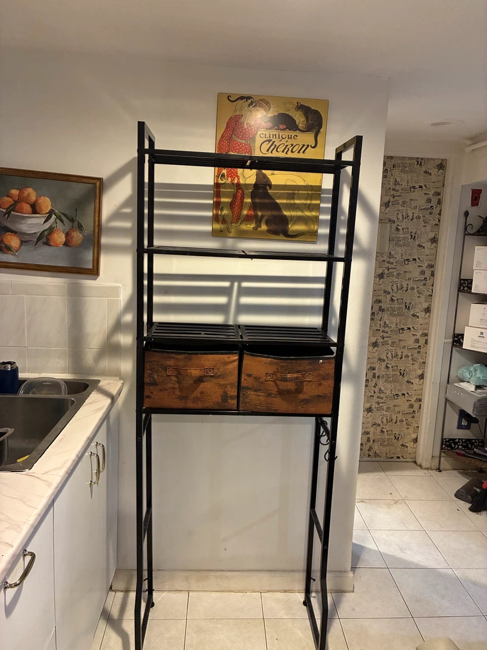 Tall metal shelving unit with wood-look bins - photo 3