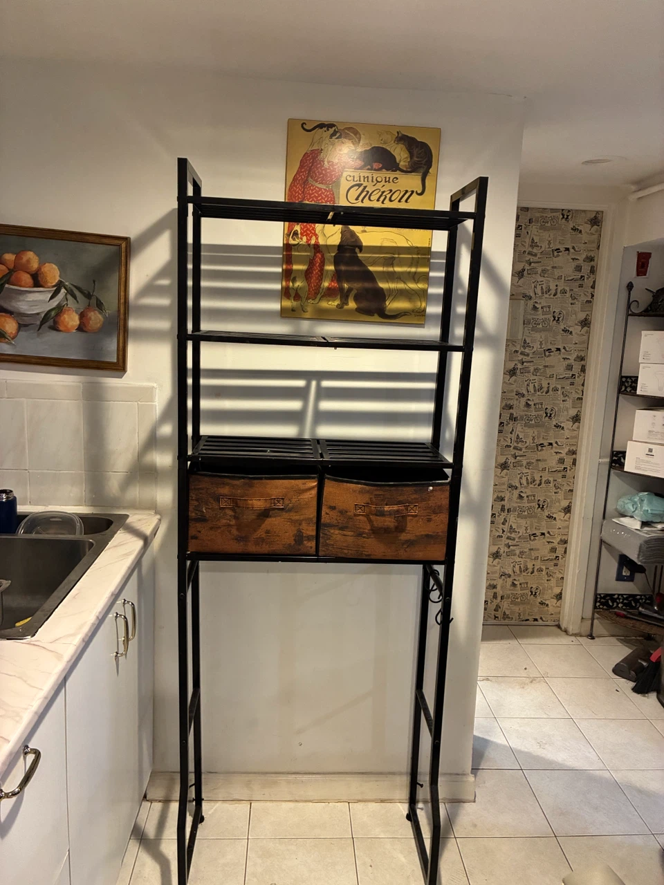 Tall metal shelving unit with wood-look bins - photo 4