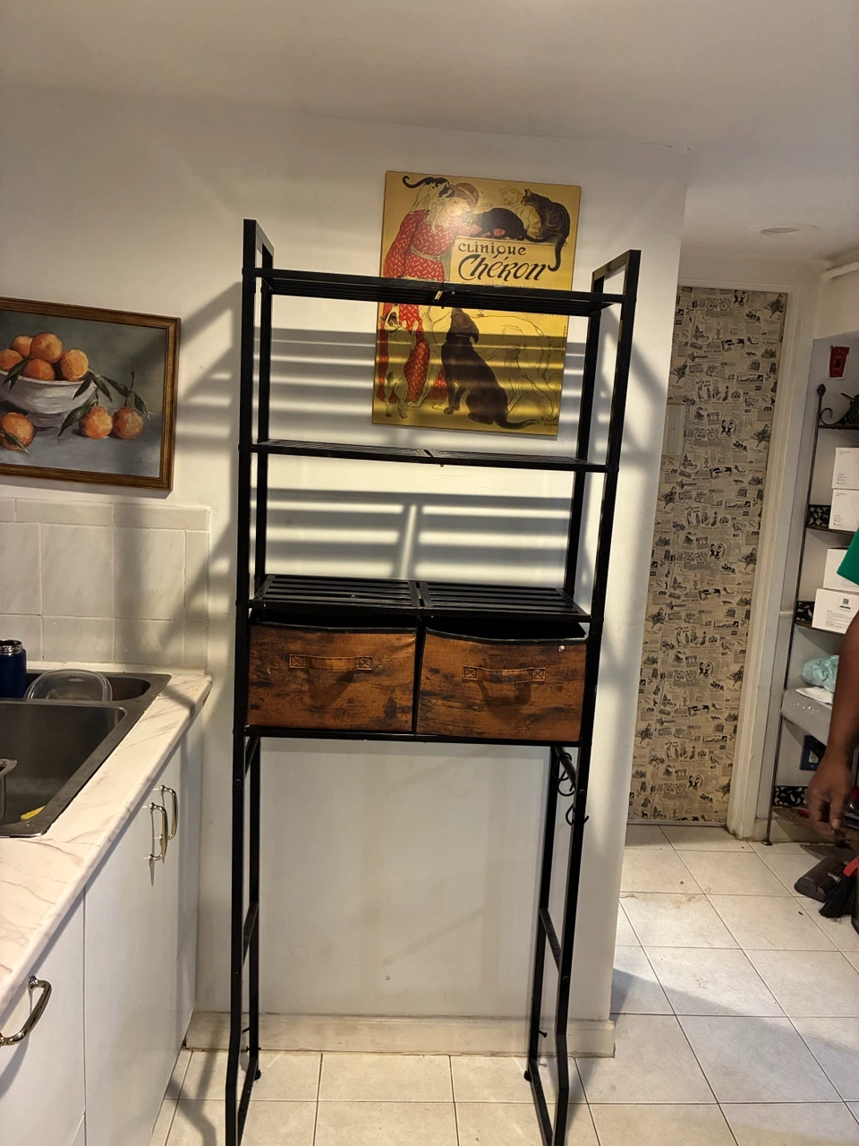 Tall metal shelving unit with wood-look bins - photo 5