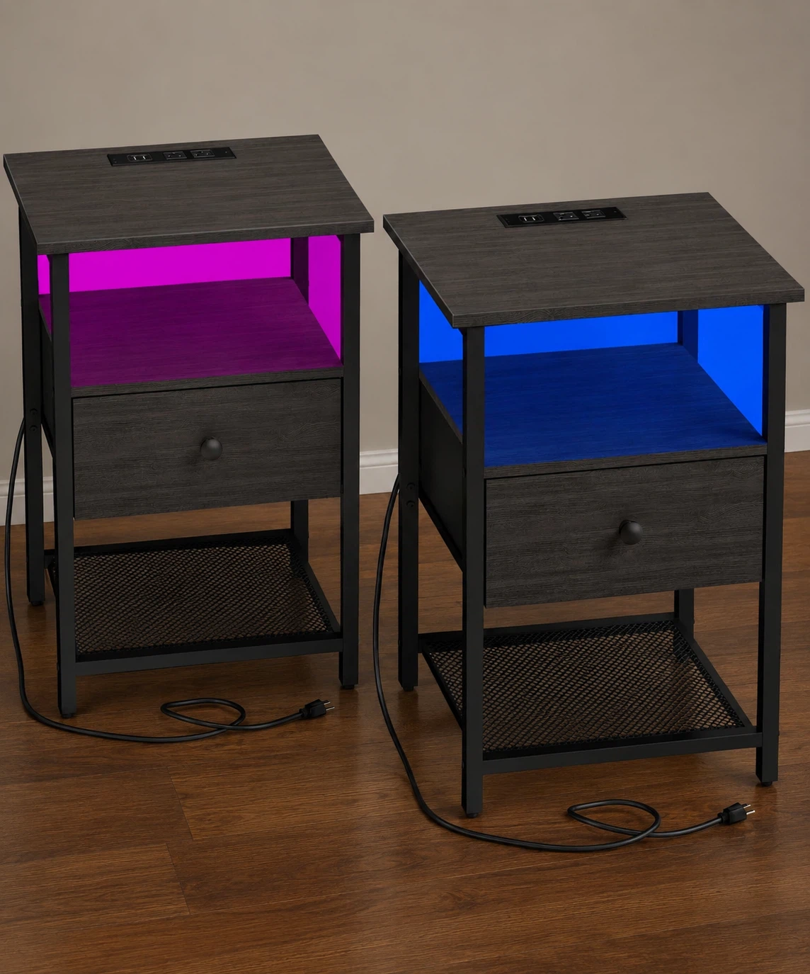 Nightstand with Built-in USB Ports and LED Lights