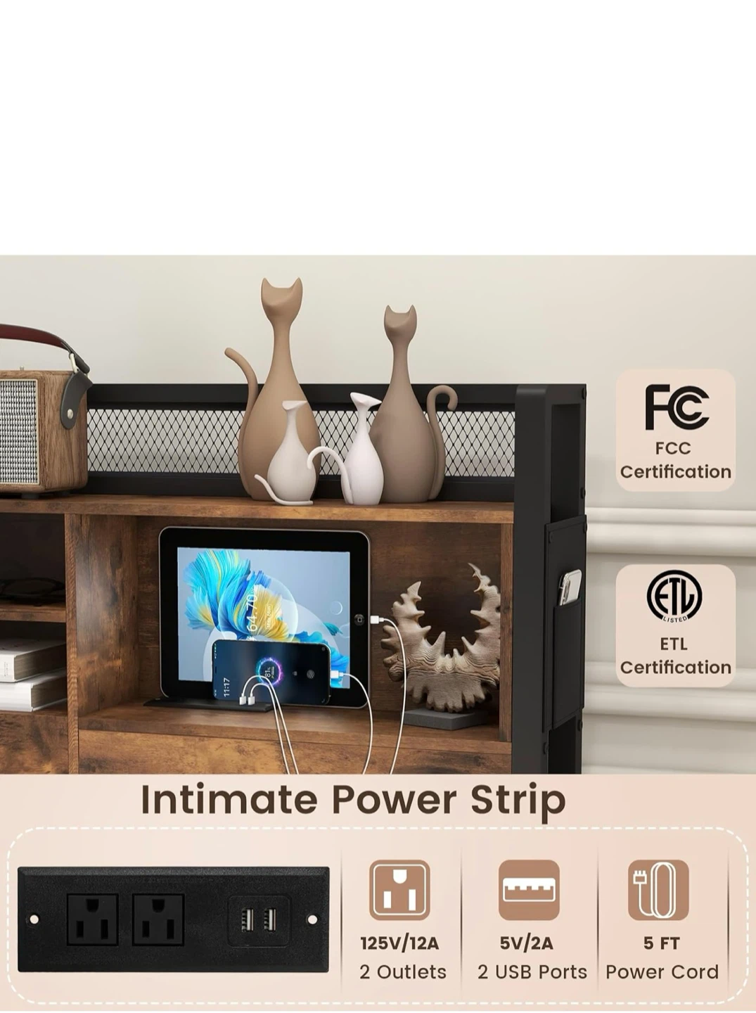 Queen Storage Headboard with Power Strip - photo 3