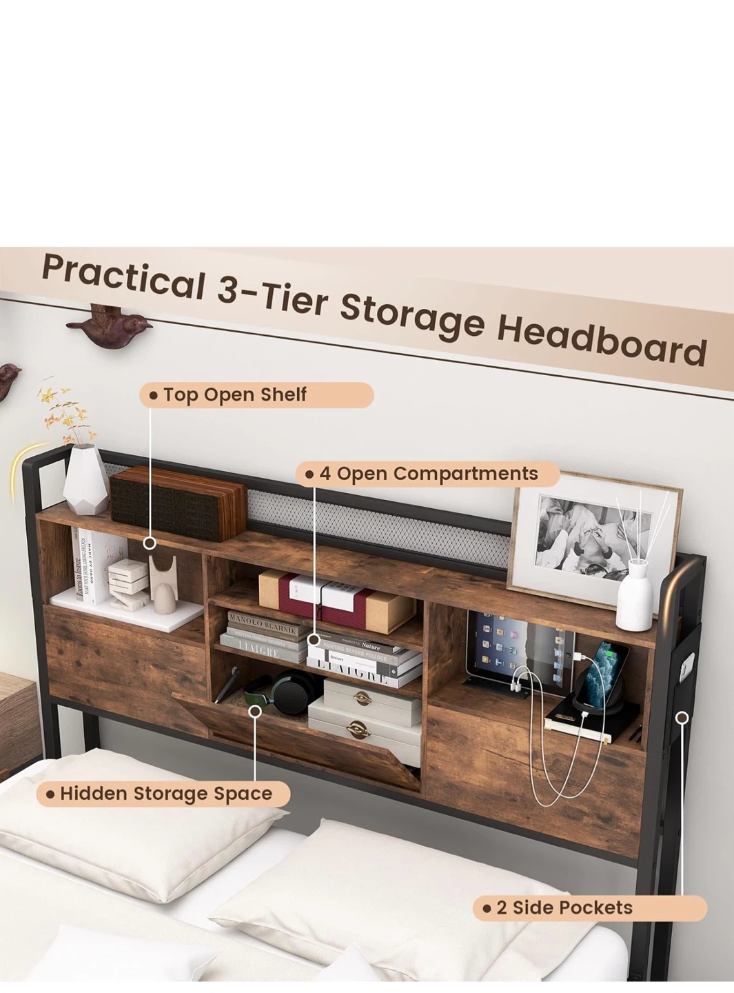Queen Storage Headboard with Power Strip