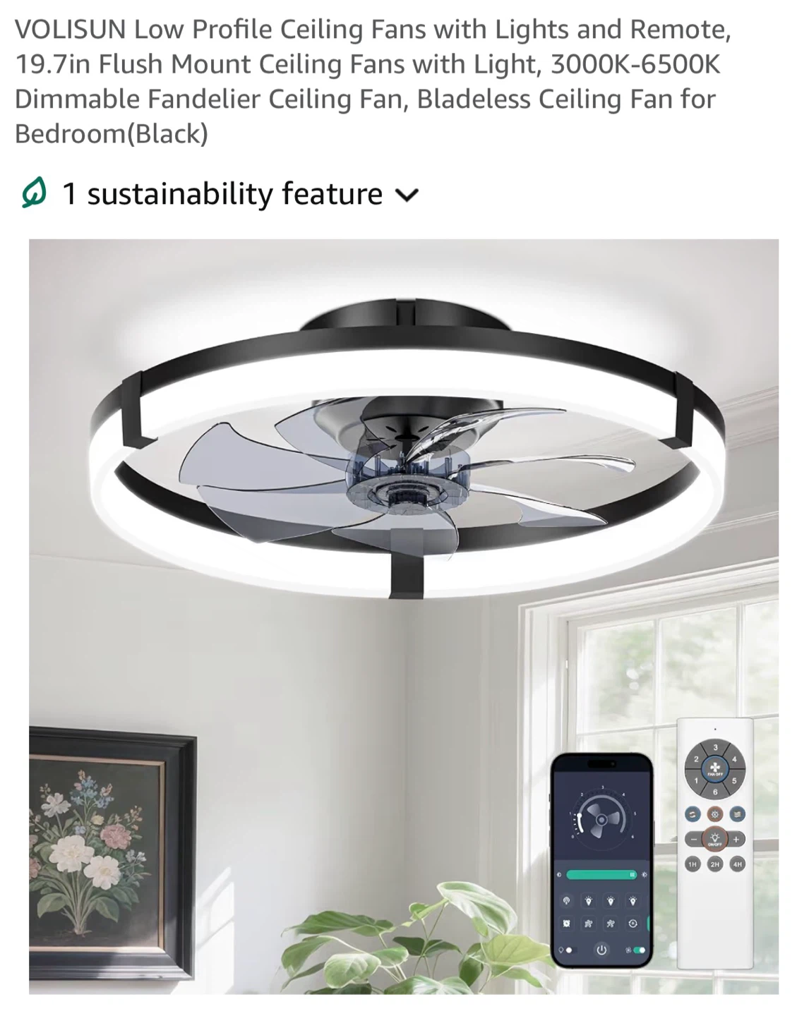 VOLISUN 19.7in Low Profile Ceiling Fan with Light and Remote 197