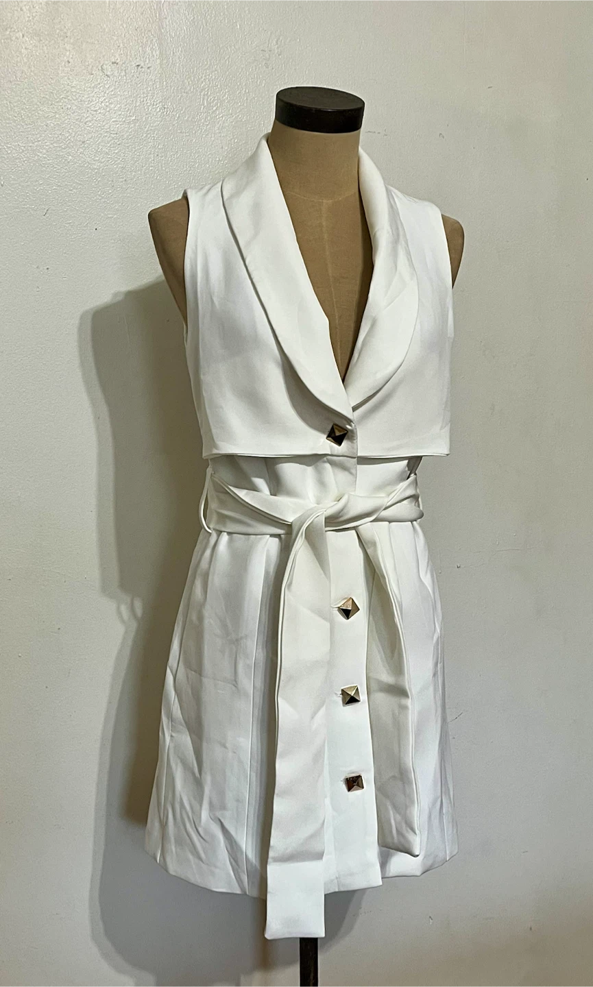 White Sleeveless Blazer Dress with Belt - Small