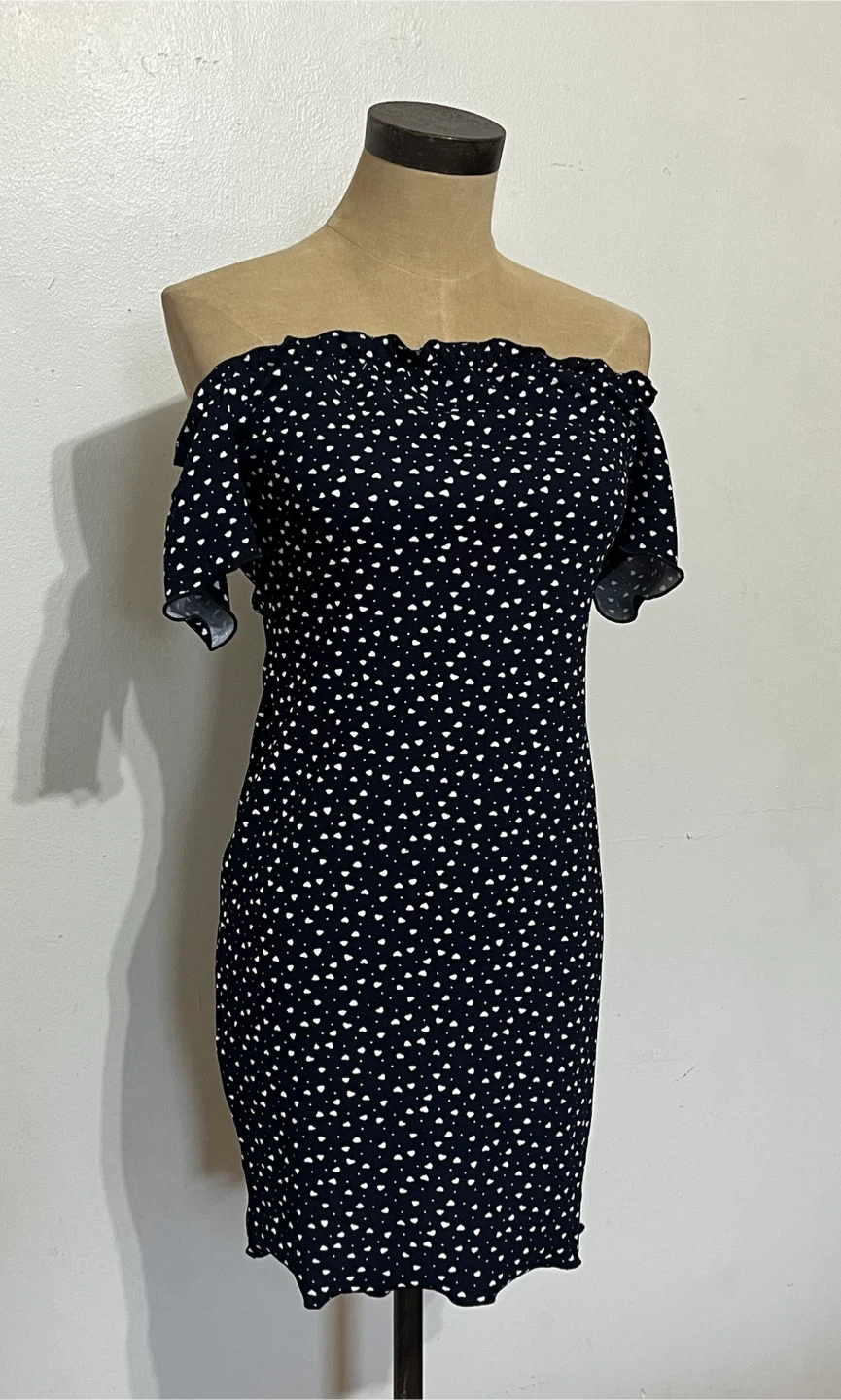SHEIN Off-the-Shoulder Dress in Navy with White Hearts - Size M