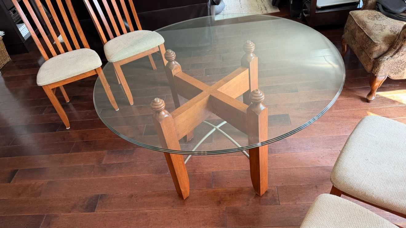Solid Wood 48” Round Glass Dining Set - 4 Chairs - $ 300 OBO - photo 2