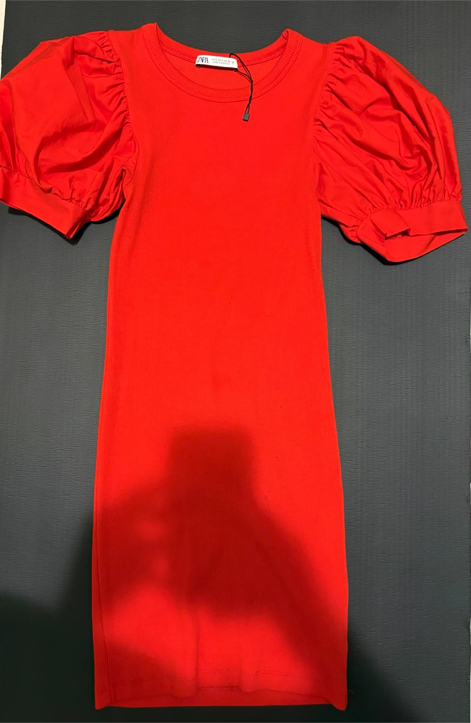 Zara Red Ribbed Puff Sleeve Dress Size S