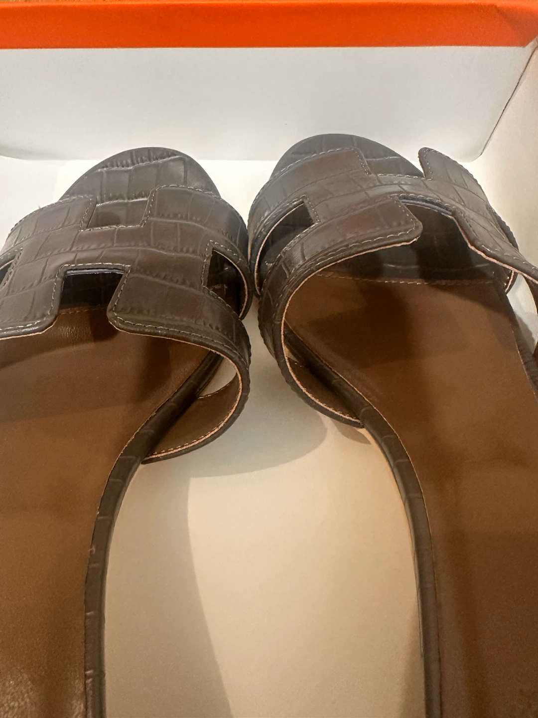 Hermès Grey Croc Embossed Leather 'H' Slides Sandals Size 39