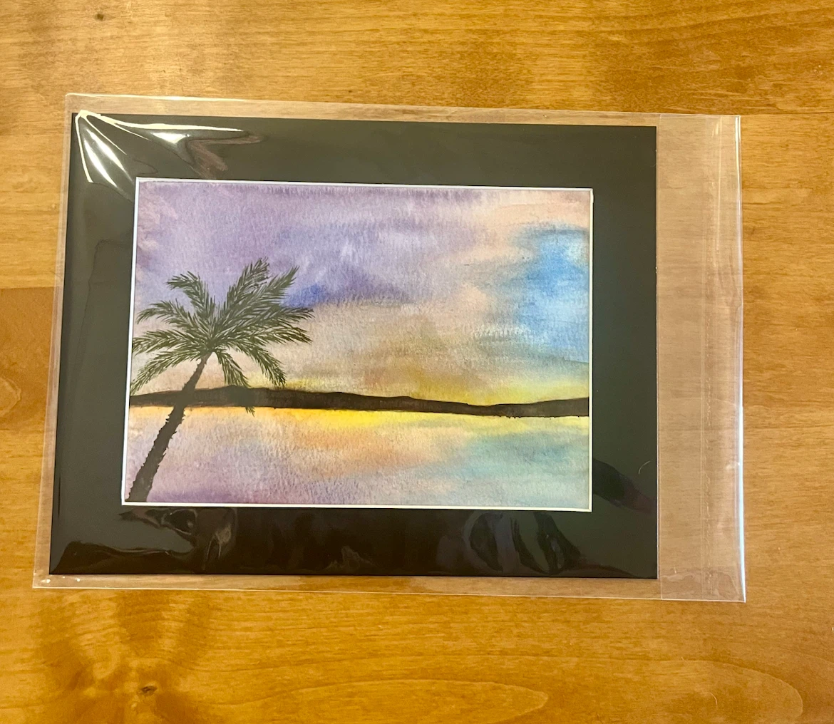 Original 5x7 Watercolor Painting - Tropical Sunset Palm Tree - photo 2