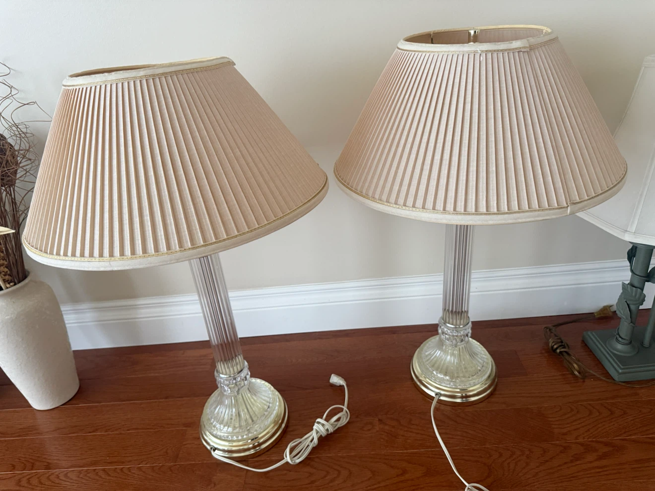 Vintage Pair of Glass Table Lamps with Pleated Shades