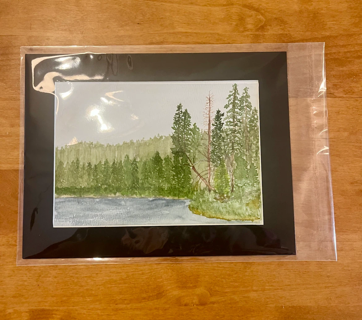 5x7 watercolour painting of a forest and lake landscape - photo 2