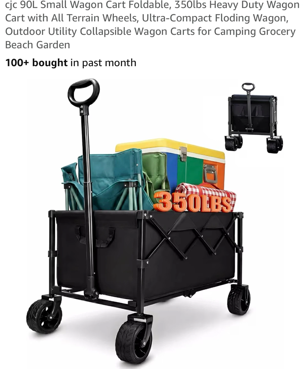 90L Small Wagon Cart Foldable with All Terrain Wheels 90L