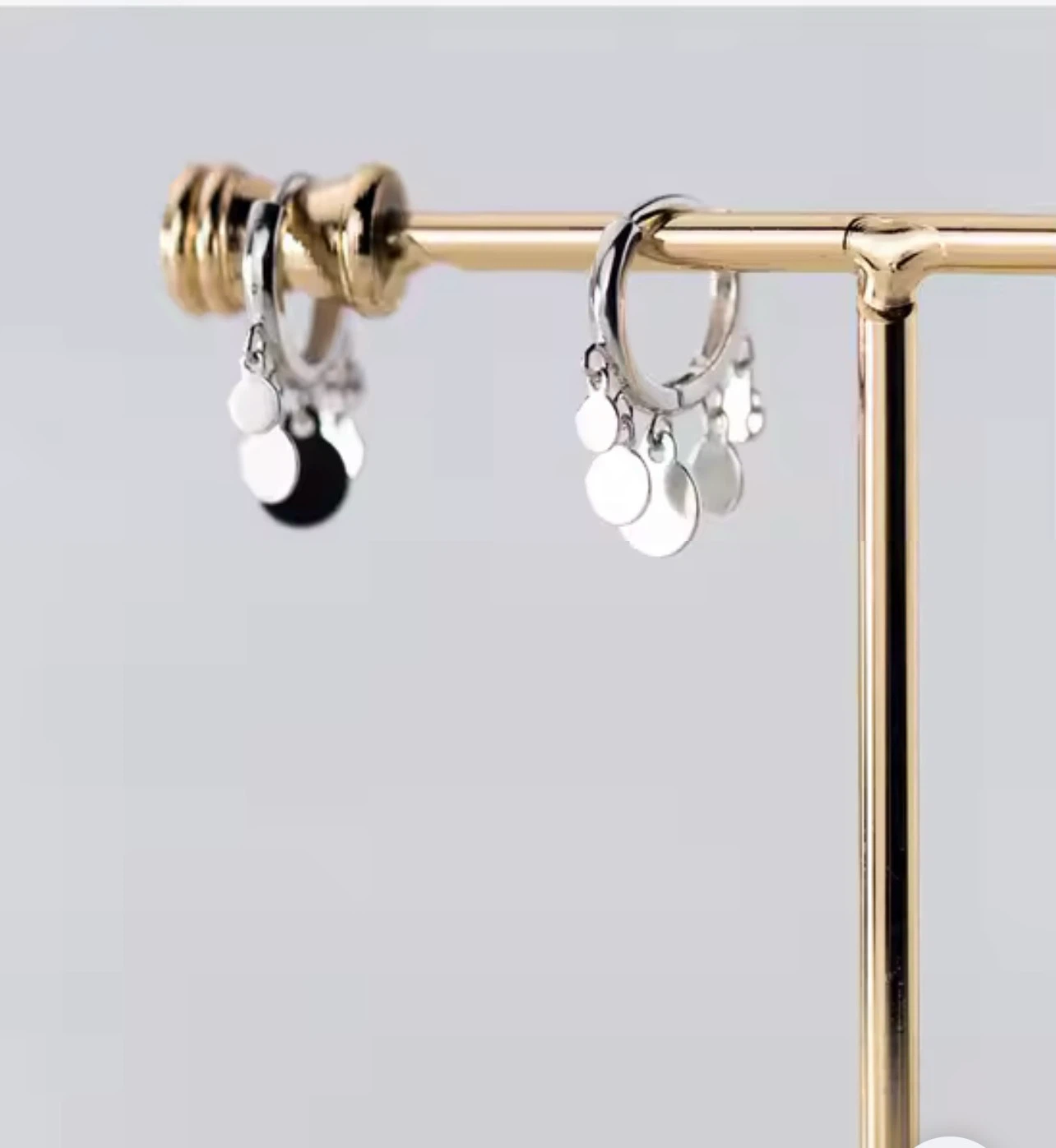 S925 Silver Hoop Earrings with Dangle Discs - photo 2