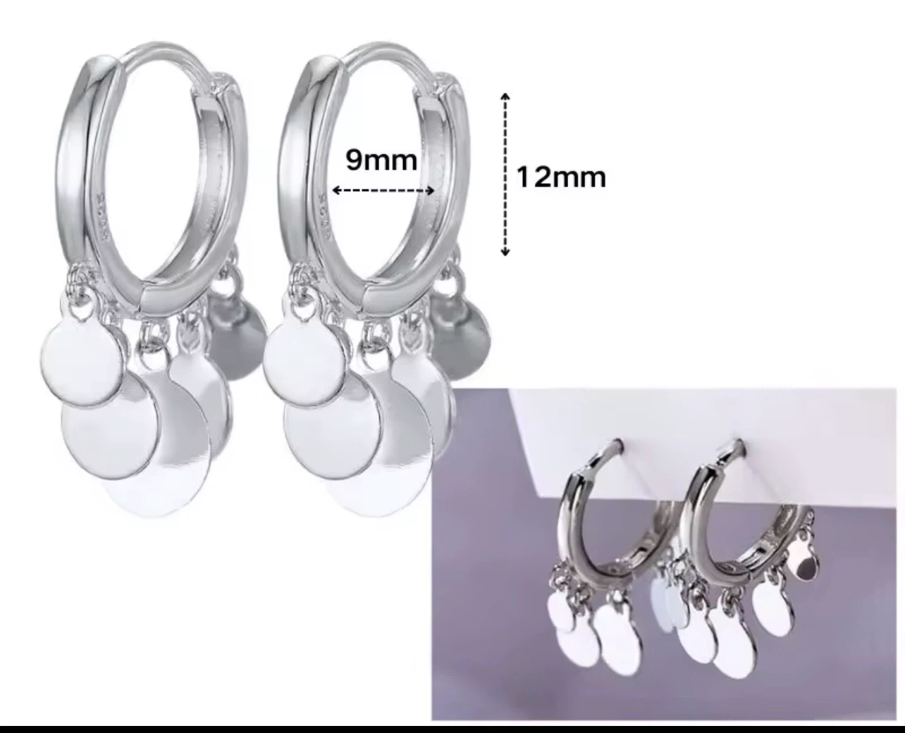 S925 Silver Hoop Earrings with Dangle Discs - photo 4