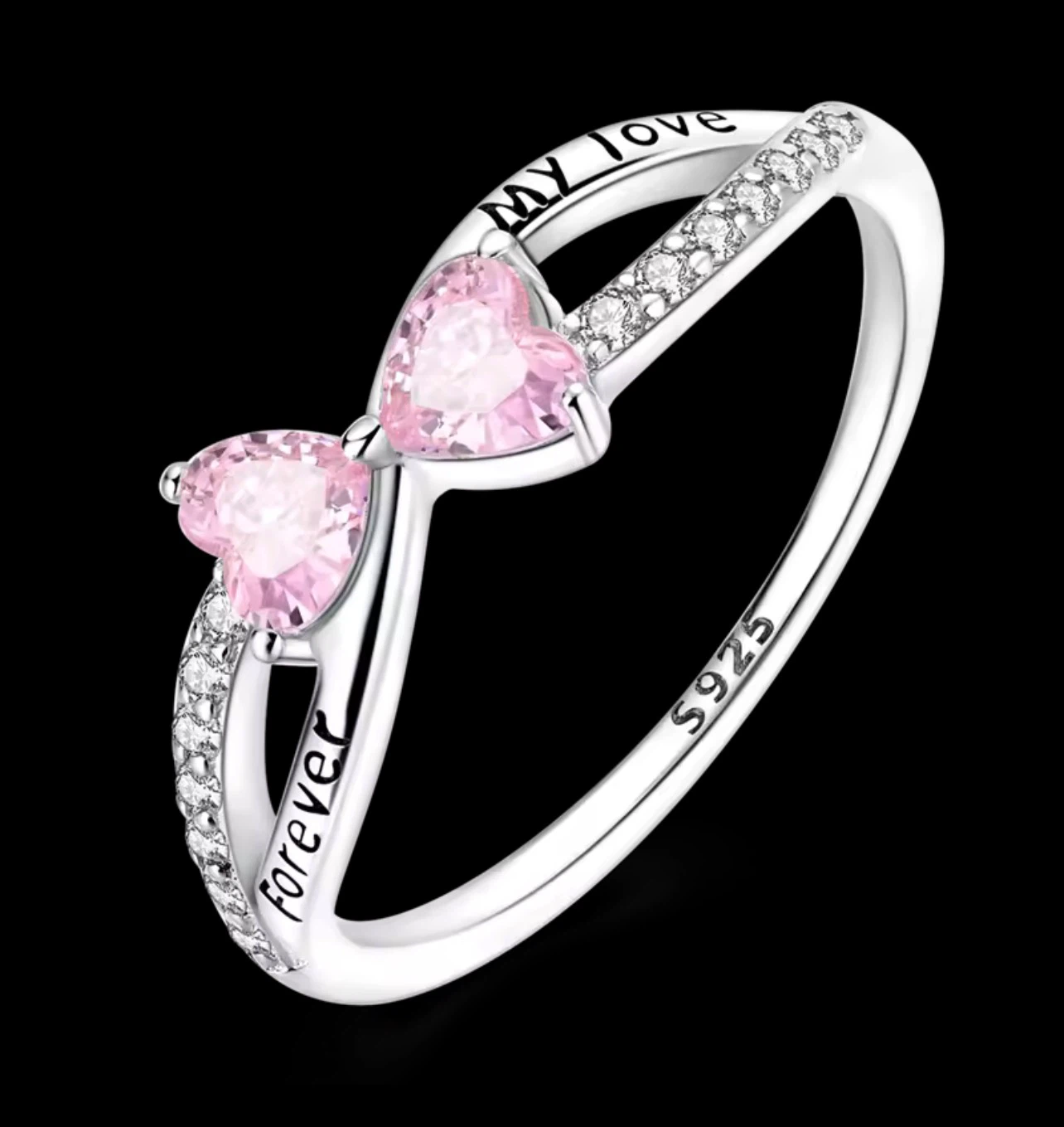 Silver Ring with Pink Heart Stones