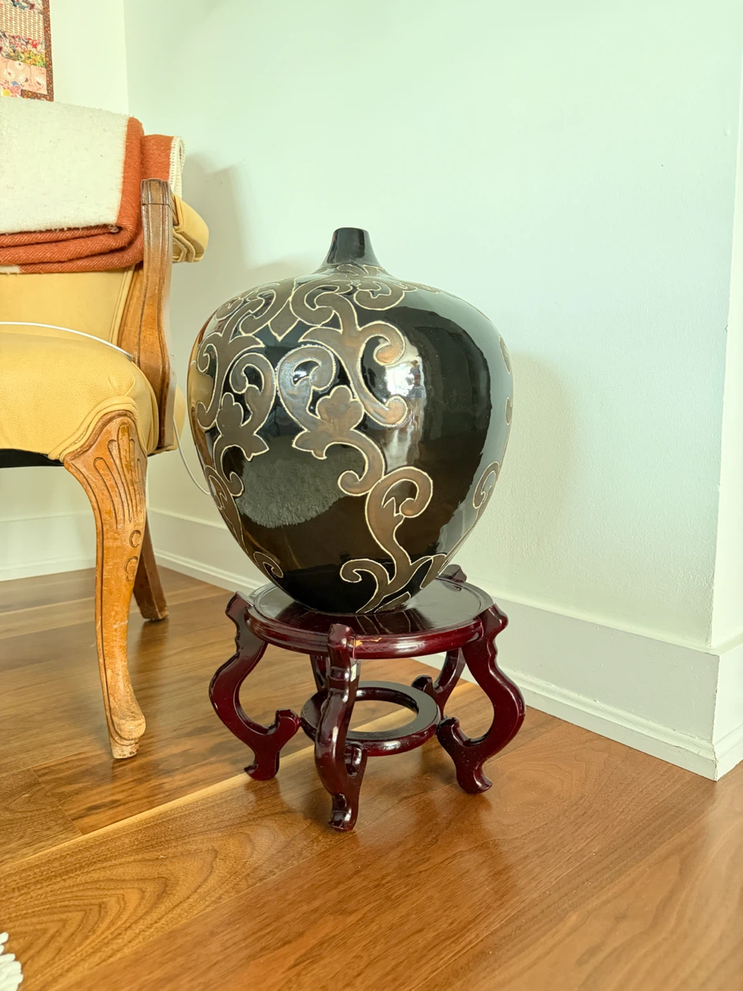Decorative Black Vase with Ornate Design