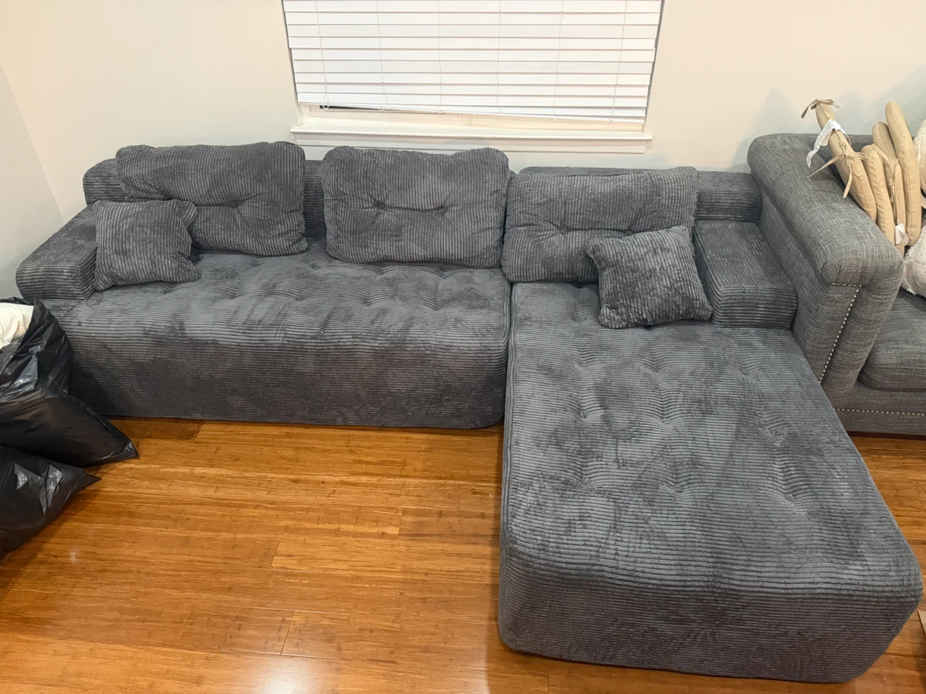 Grey Corduroy Sectional Sofa with Chaise