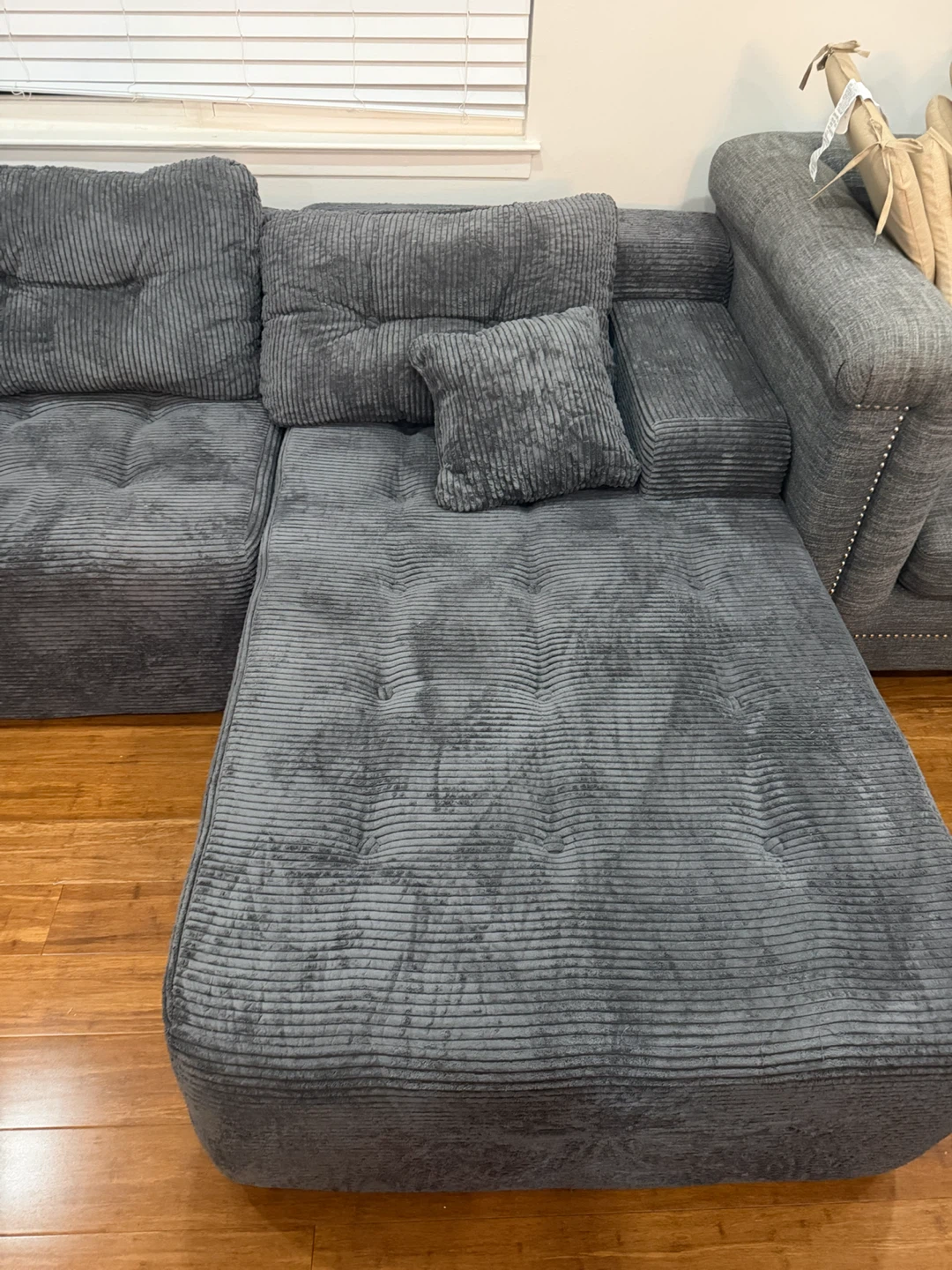 Grey Corduroy Sectional Sofa with Chaise - photo 2