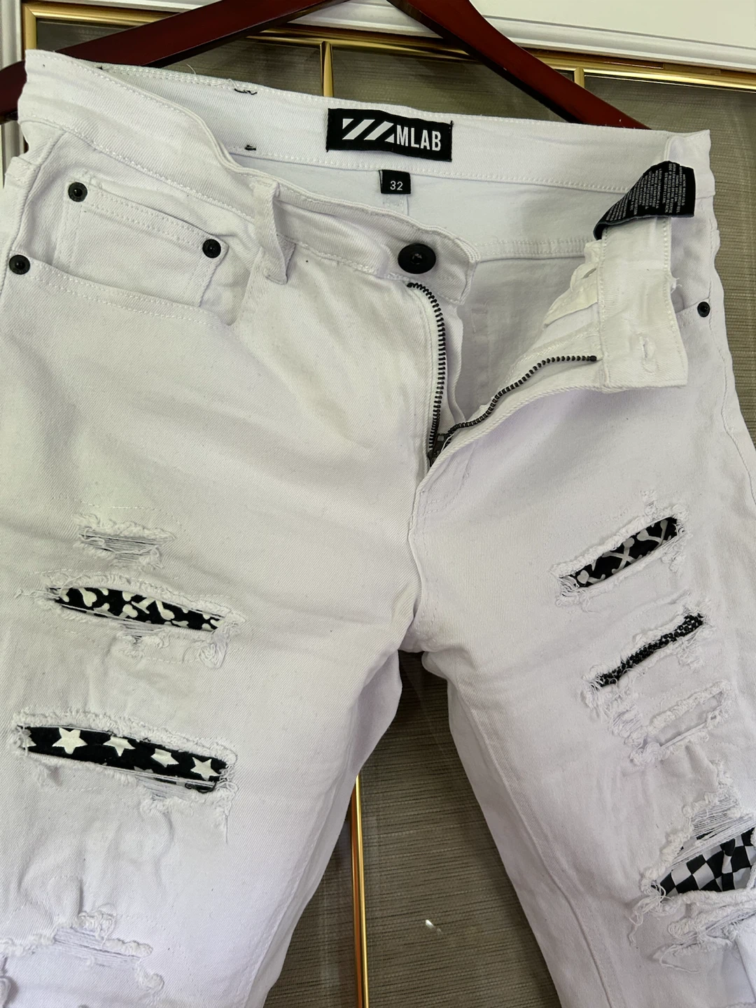 MLAB White Distressed Jeans with Patches Size 32