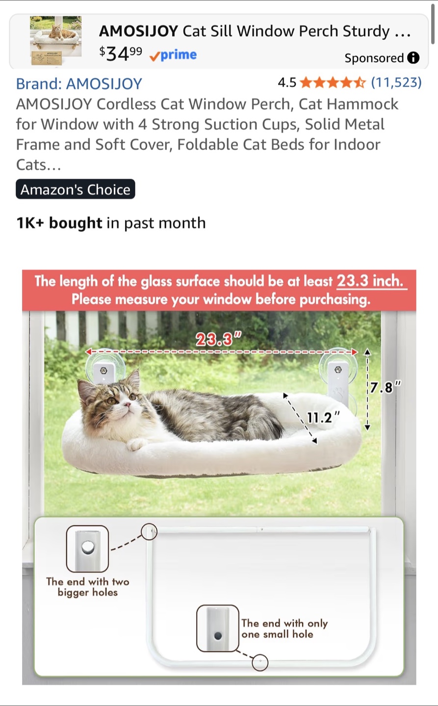 AMOSIJOY Cordless Cat Window Perch Hammock