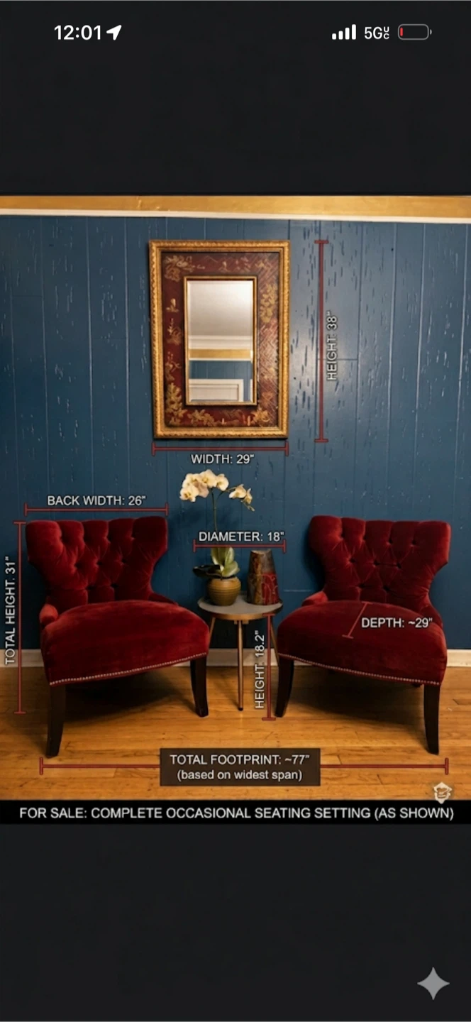Pair of Red Velvet Tufted Accent Chairs full set plus decor