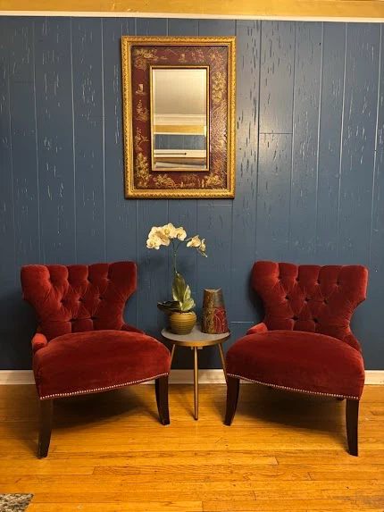 Pair of Red Velvet Tufted Accent Chairs full set plus decor - photo 2