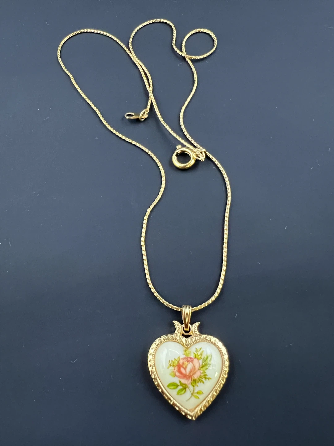Signed D'Orlan Vintage Rose Enamel Heart Necklace