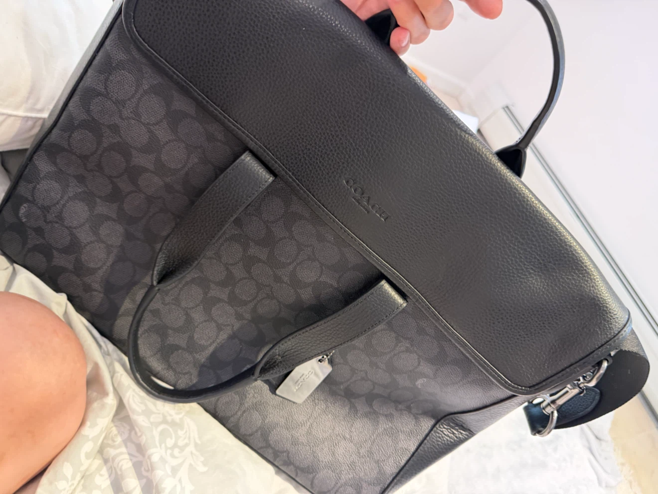 Coach Black Signature Print Leather Trim Tote Bag