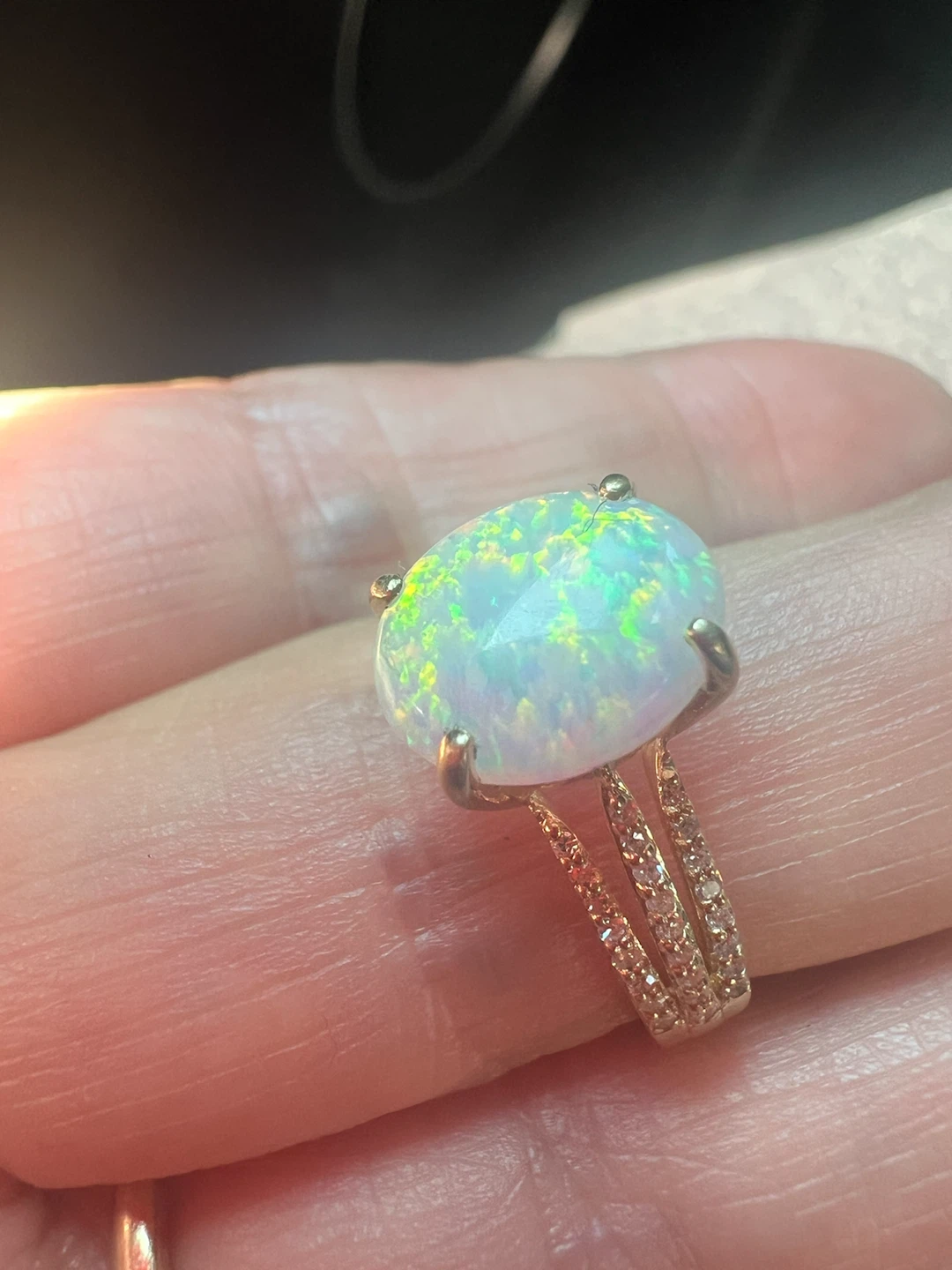 10K Gold Opal Ring with Diamond Accent Band - photo 2