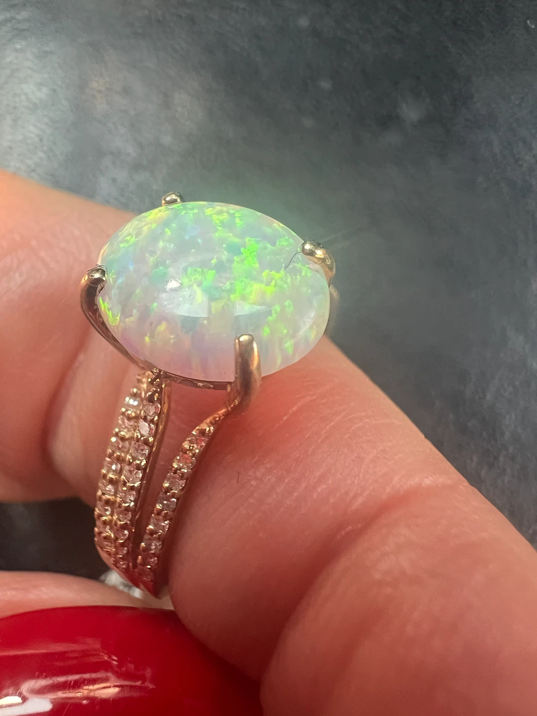 10K Gold Opal Ring with Diamond Accent Band - photo 3