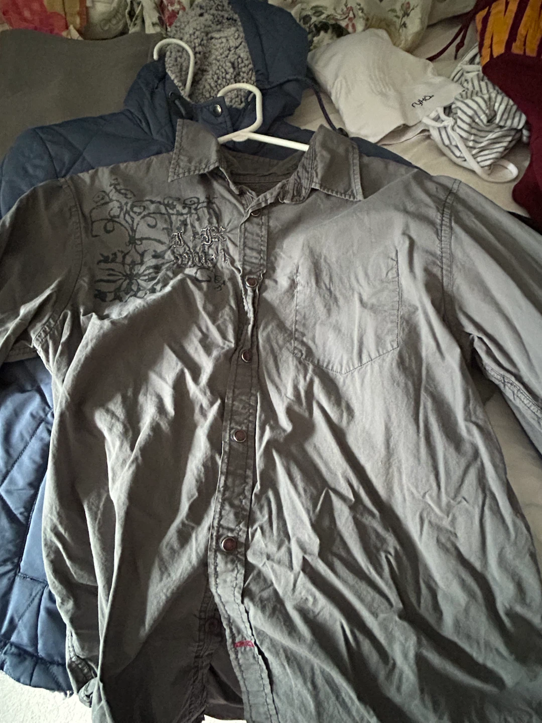 Grey Long Sleeve Button-Up Shirt with Cross Graphic