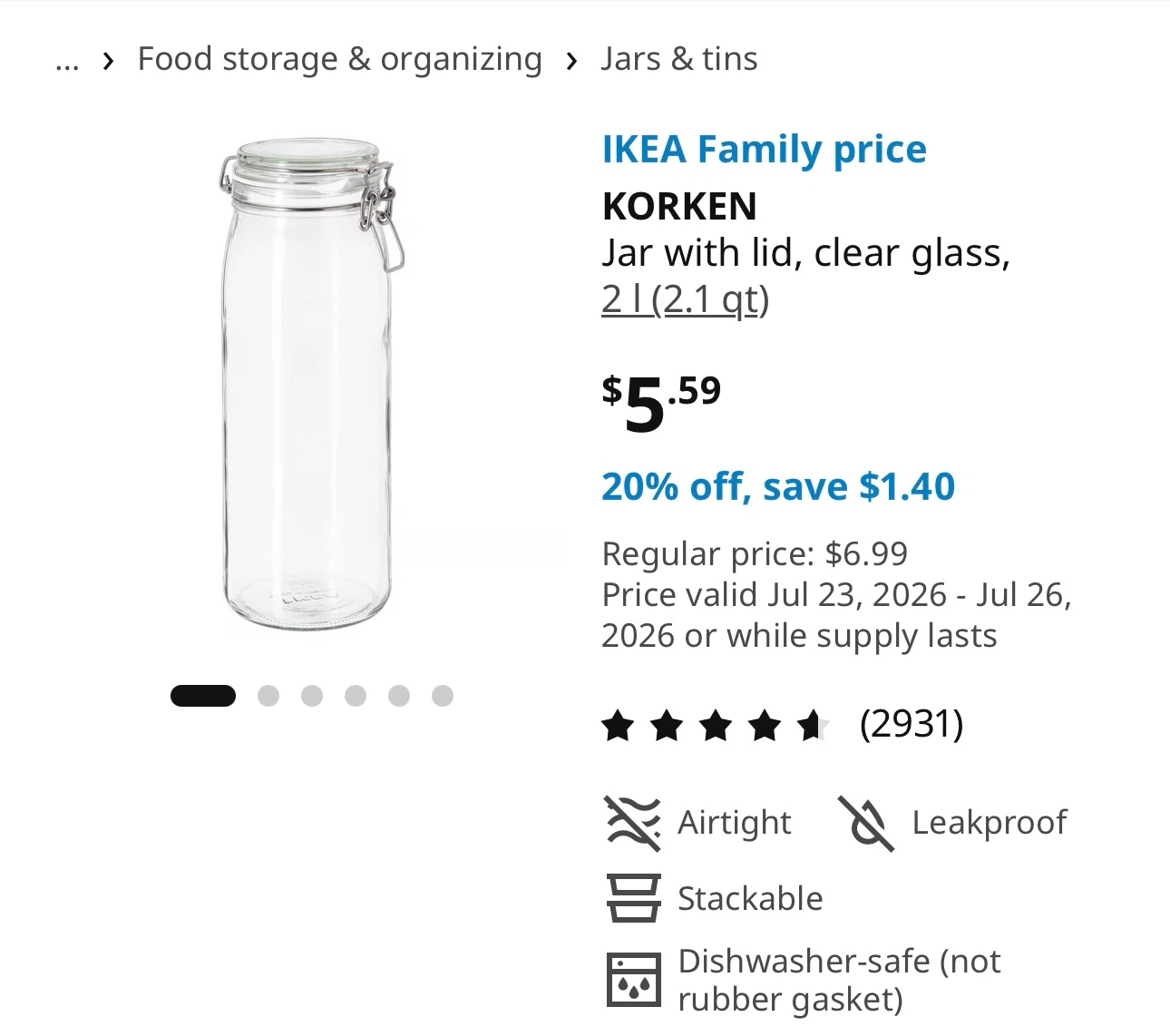 5 - IKEA KORKEN Jar with Lid